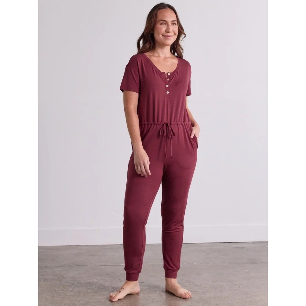 Avocado Green Modal Short Sleeve Jumpsuit Port Burgundy Henley HS0069W103S